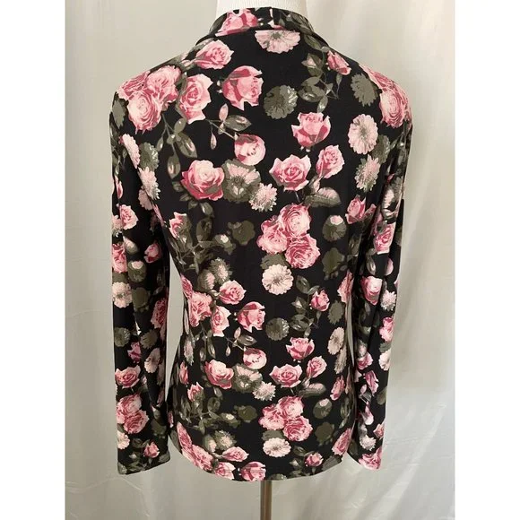 Hot Kiss Black Floral Print Long Sleeve Low V-Neck Strap Shirt - Picture 5 of 10